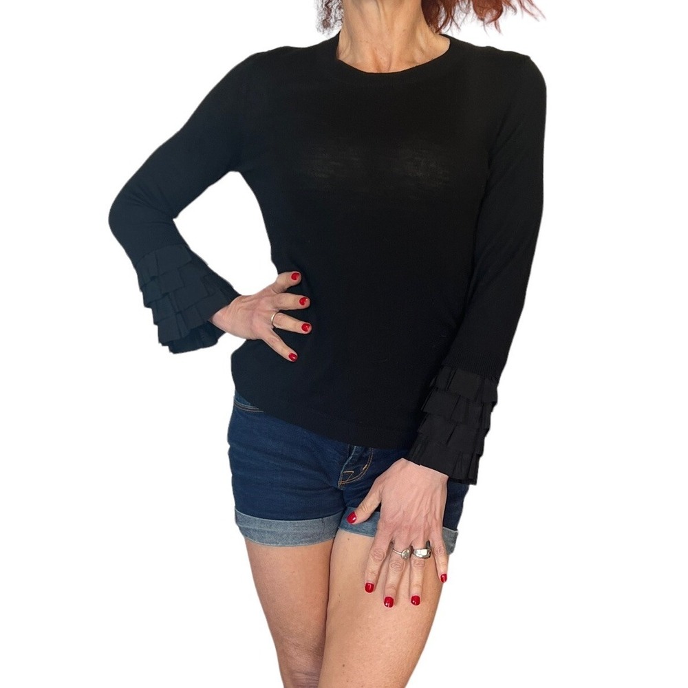 PAULE KA PARIS BLACK SWEATER WOOL LONG RUFFLE  SLEEVES CREW‎ NECK PULLOVER M